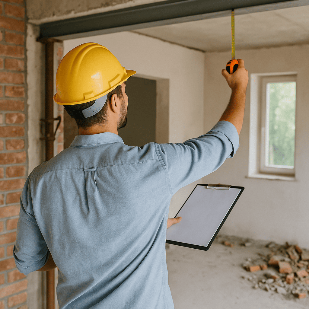 Técnico de obra midiendo la altura del techo en una reforma, con casco de seguridad amarillo y portapapeles.